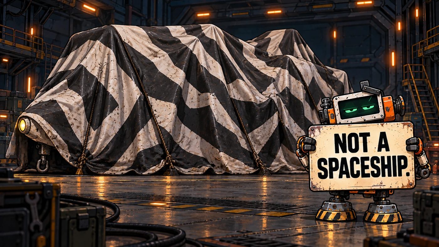 A hangar. Something large under a black-and-white camouflage tarp. A small robot holds a sign reading NOT A SPACESHIP.